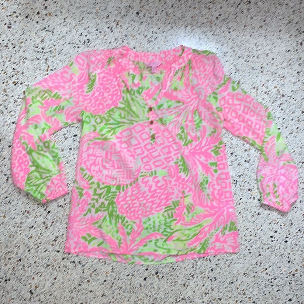 EUC Lilly Pulitzer Elsa silk long sleeve pink sunset home slice green top XS